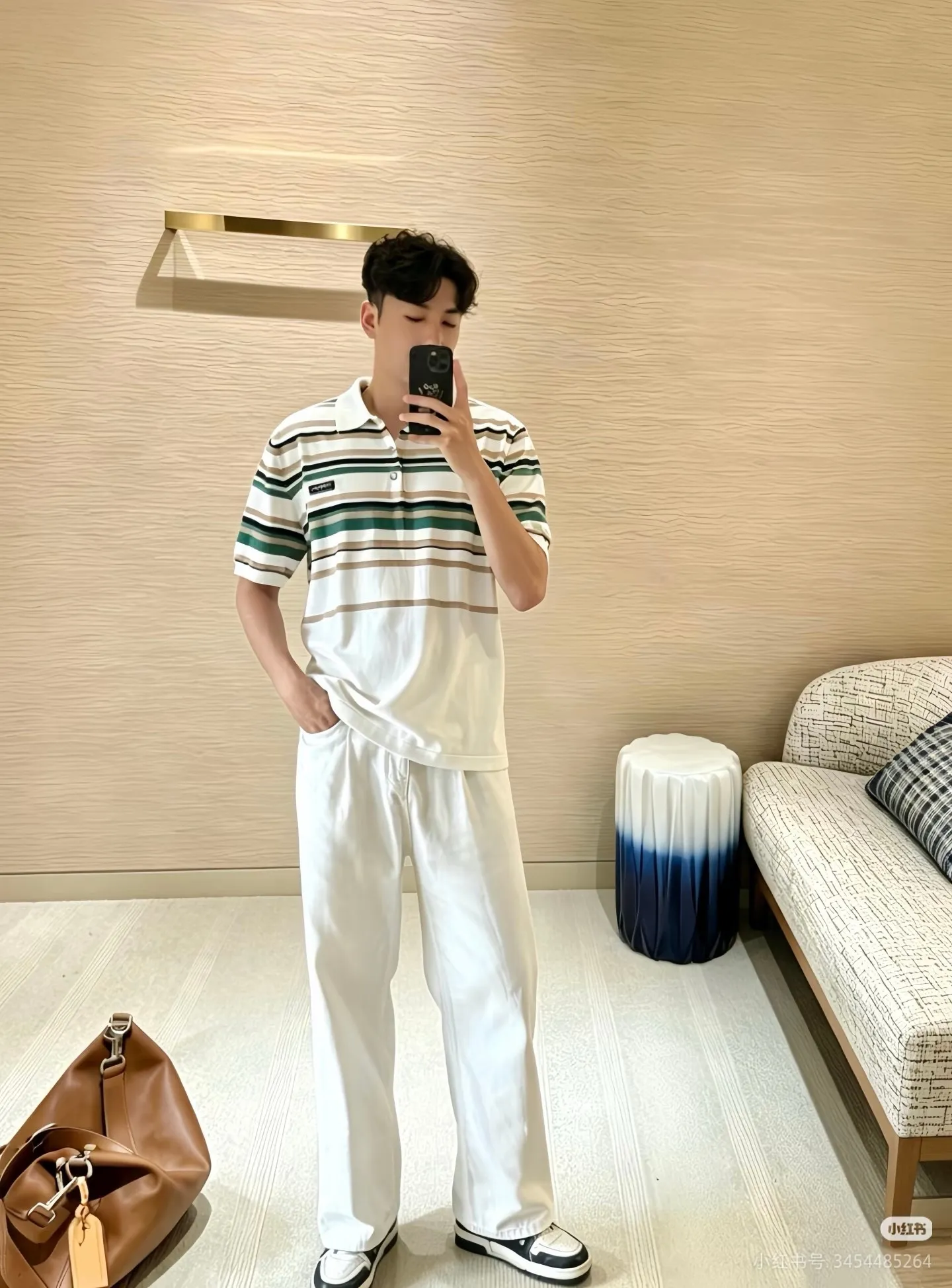 Louis Vuitton/Louis Vuitton 26ss leather brand striped knitted Polo short sleeves